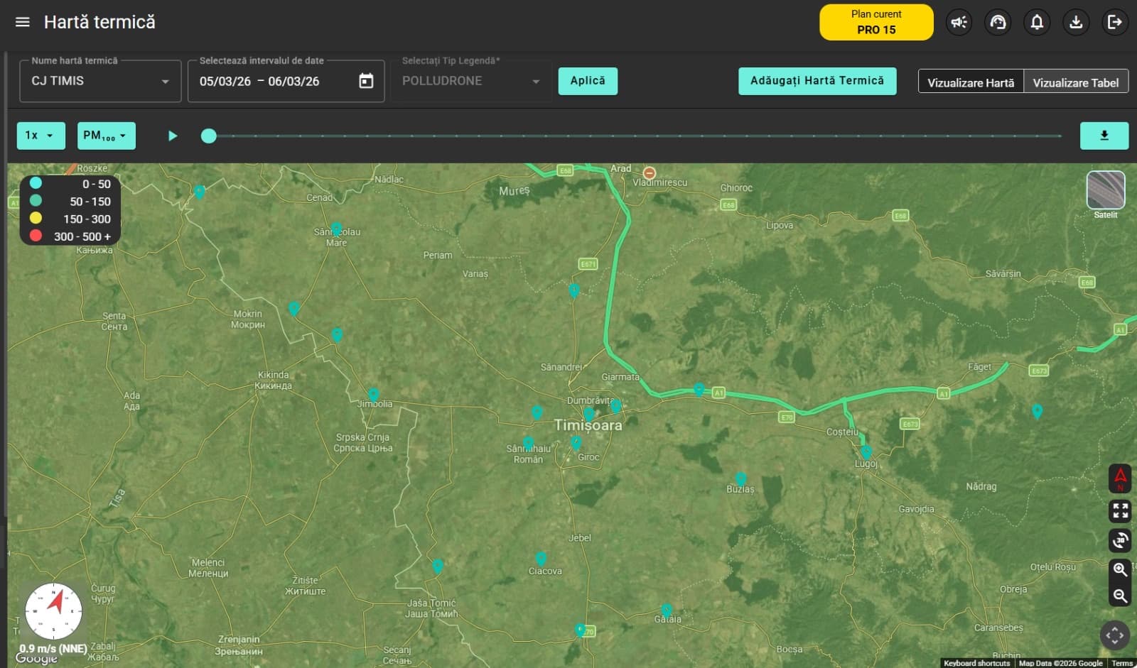 The Envizom heat-map dashboard for the Timiș County (CJ Timiș) Polludrone network, showing particulate-matter levels across the Romania–Serbia border