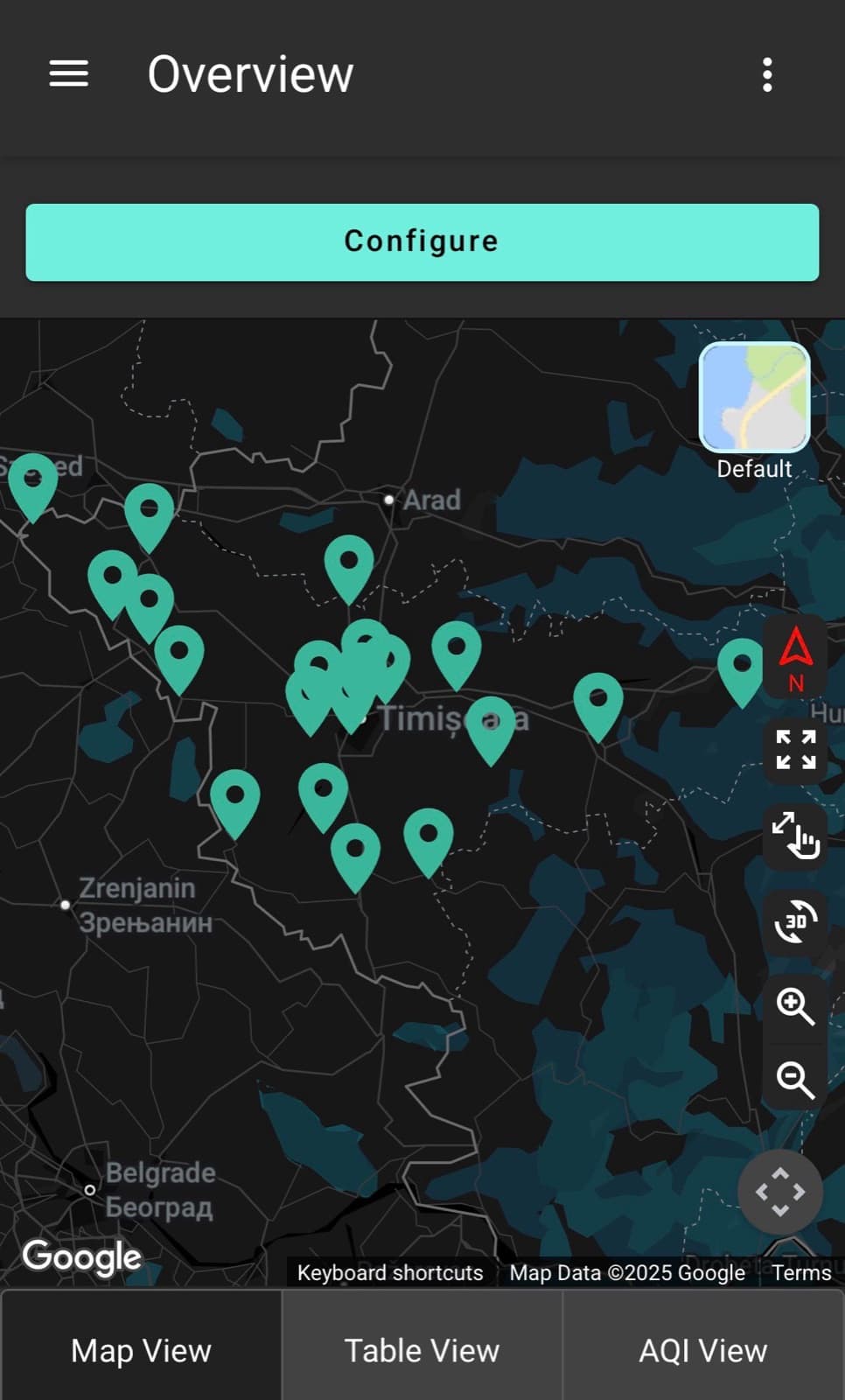 Envizom overview map showing the 20 Polludrone stations distributed across Timiș County near the Romania–Serbia border