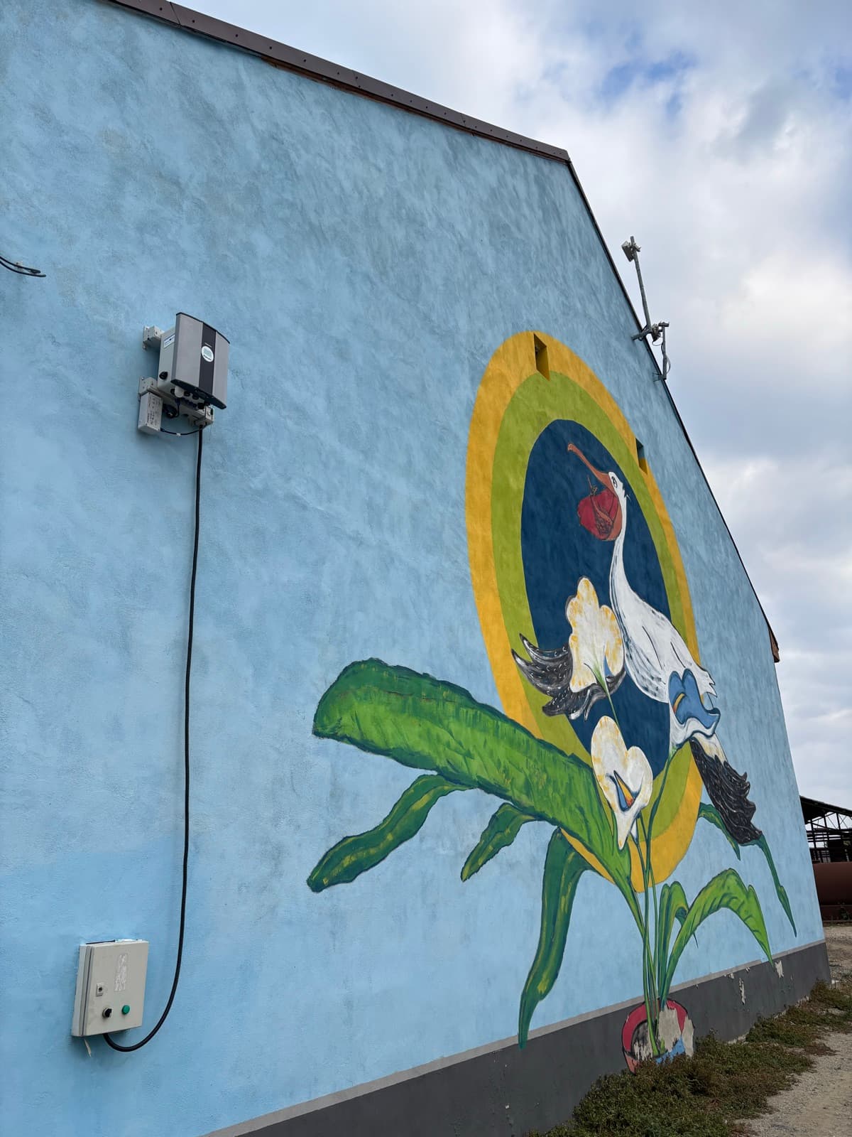 An Oizom Polludrone station mounted beside an environmental mural of a heron on a building in Timiș County