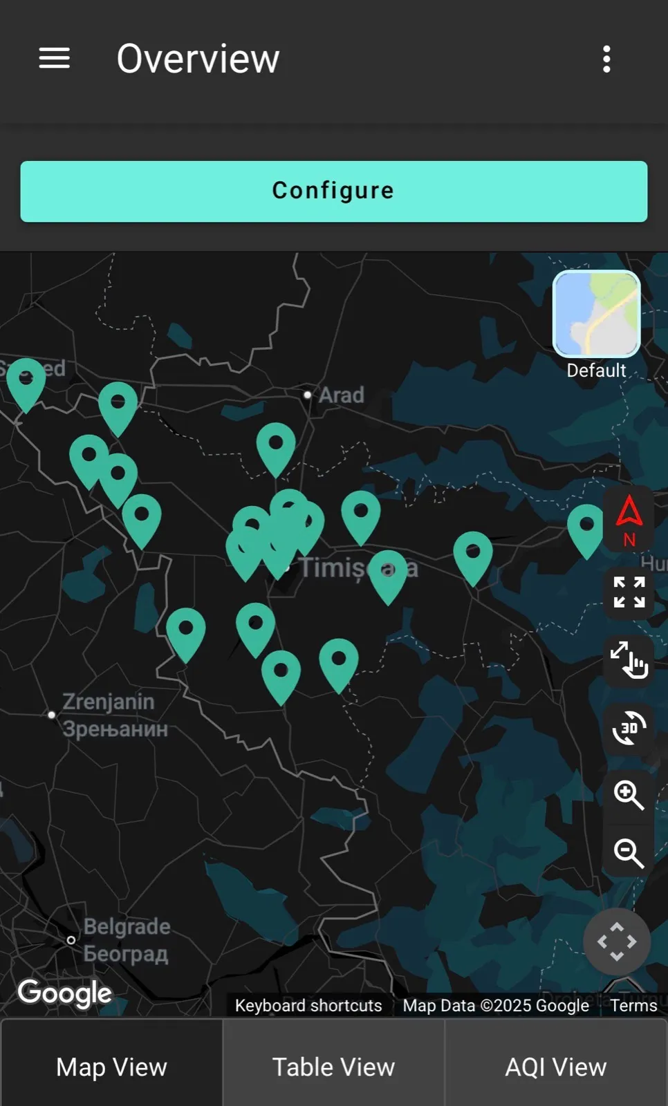 Envizom overview map showing the 20 Polludrone stations distributed across Timiș County near the Romania–Serbia border